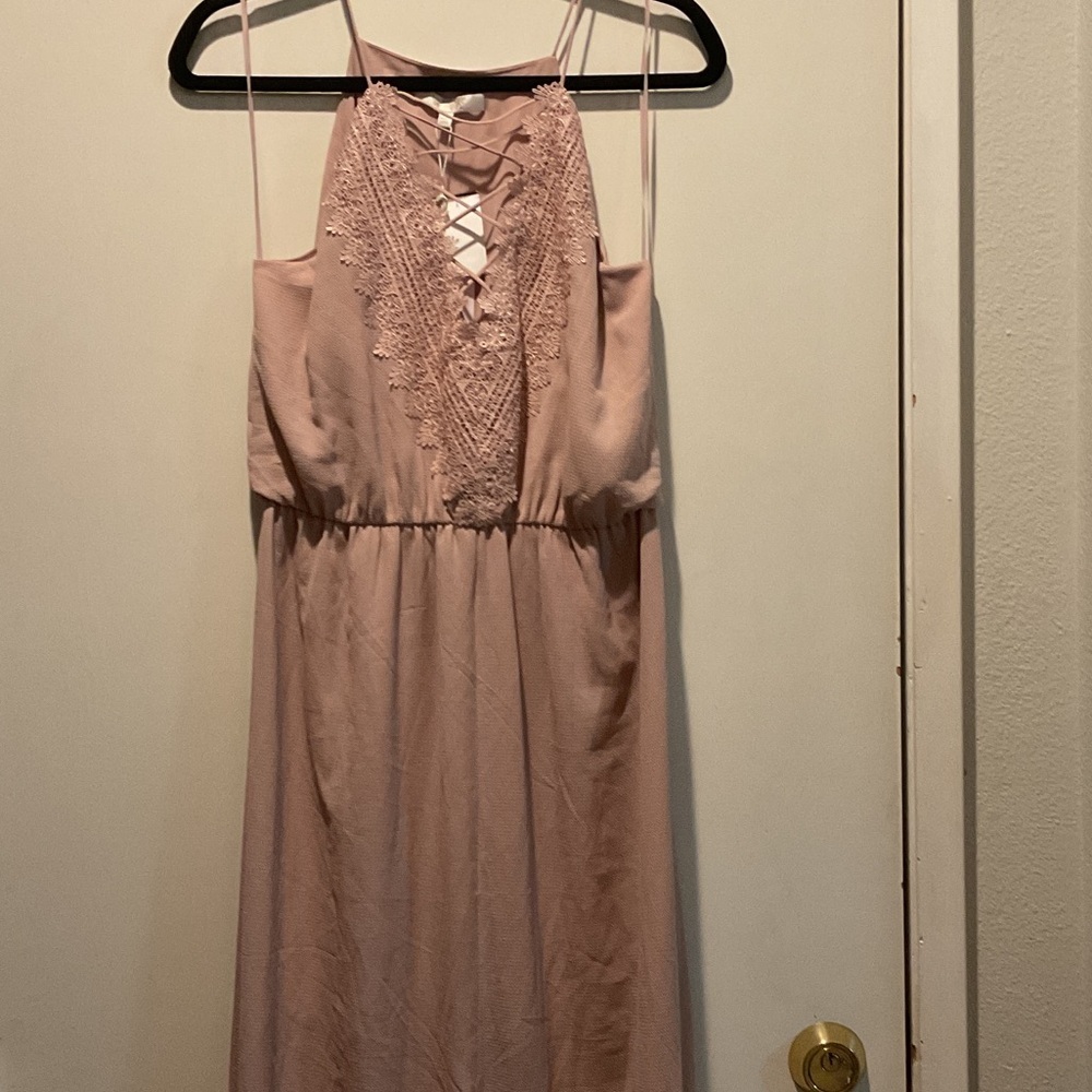 Wayf Blush Pink Lace-Up Midi Dress with Crochet Panel